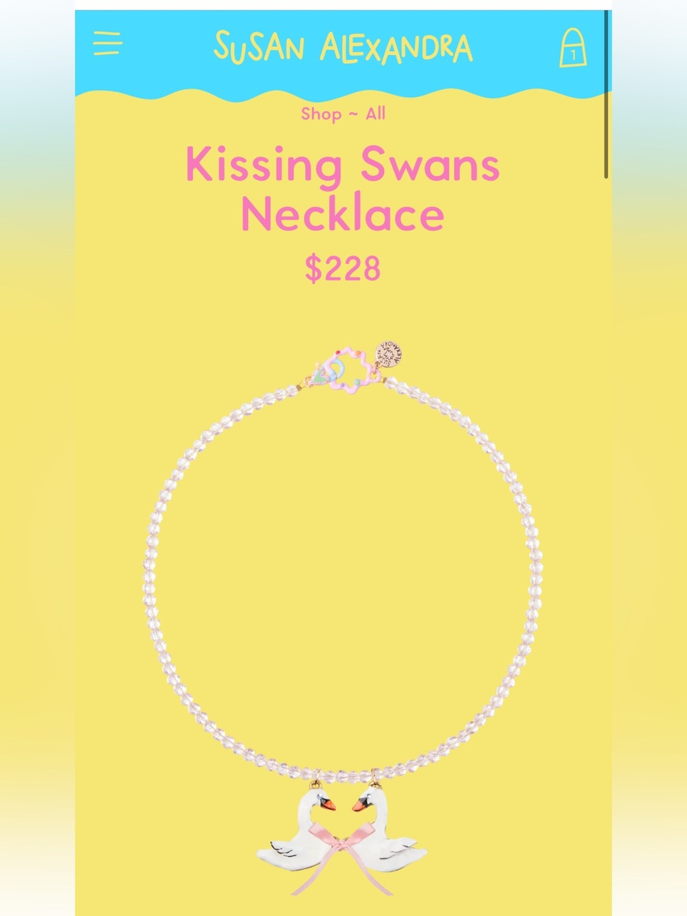 Susan Alexandra White Pearl Kissing Swans Necklace with Pink Ribbon Accents